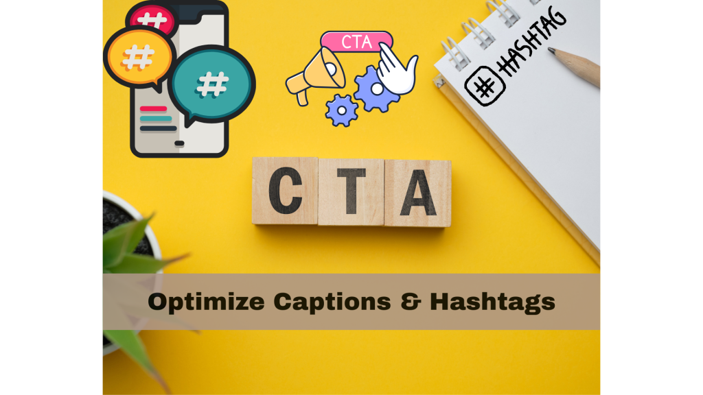 Mobile screen showing social media posts with optimized captions and trending hashtags for a service-based content strategy.