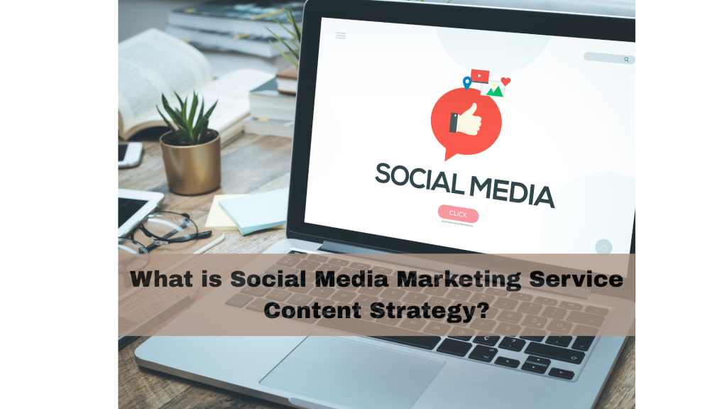 Graphic showing the elements of a social media marketing service content strategy including audience research, content planning, and performance tracking.